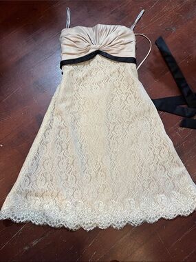 Jordan Strapless Cream Lace A-Line Dress with Black Trim
